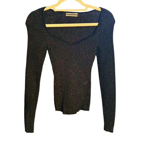 A by Anthropologie Black/Gold Metallic Lures Sweetheart Neck Ribbed Sweater Sz X - Picture 8 of 10